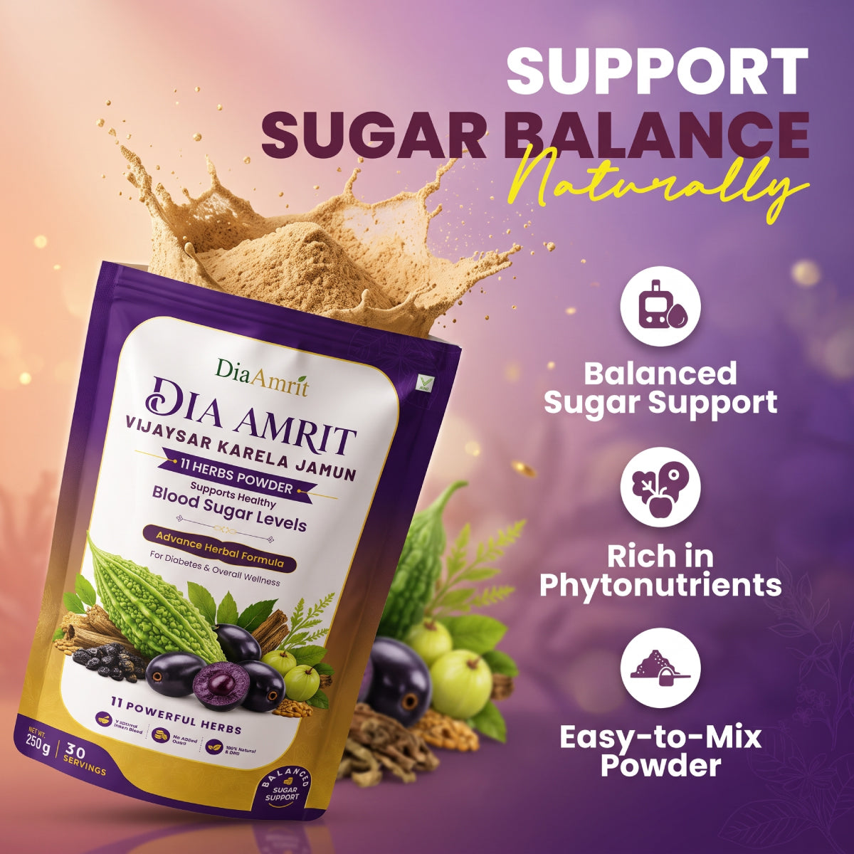 Dia Amrit Karela Jamun Powder Ayurvedic Sugar Control Formula with 13 Potent Herbs